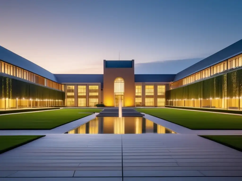 Campus universitario al anochecer: arquitectura moderna y tranquilidad Campus universitario al atardecer con ambiente sereno y privacidad universitaria