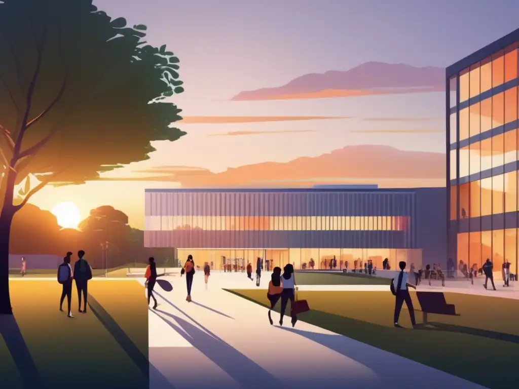 Universidad moderna al atardecer Campus universitario al atardecer con arquitectura moderna, estudiantes diversos, libros y naturaleza