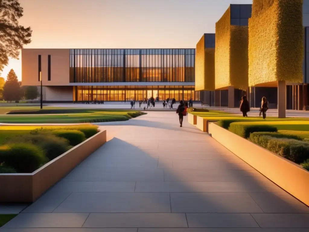 Campus universitario moderno al atardecer Campus universitario al atardecer con arquitectura moderna y jardines bien cuidados