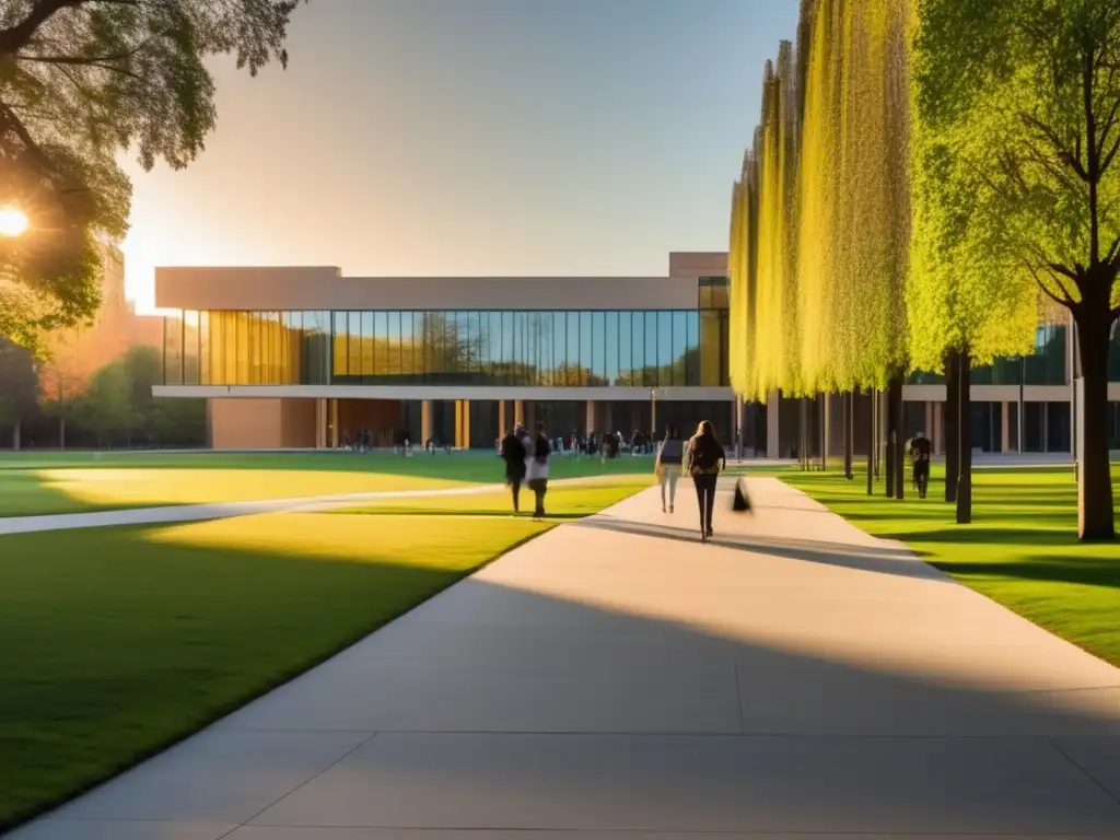 Universidad contemporánea al atardecer Campus universitario al atardecer, arquitectura moderna, estudiantes caminando