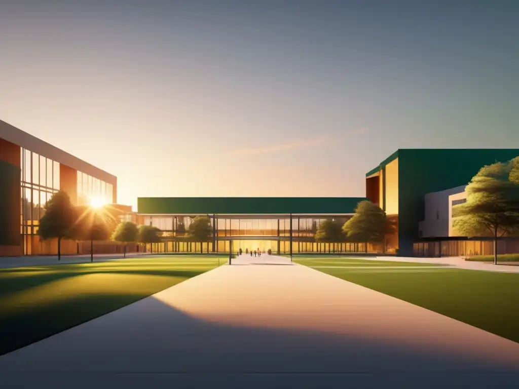 Campus universitario moderno al atardecer Campus universitario al atardecer: Consejos de mentoría para admisiones universitarias