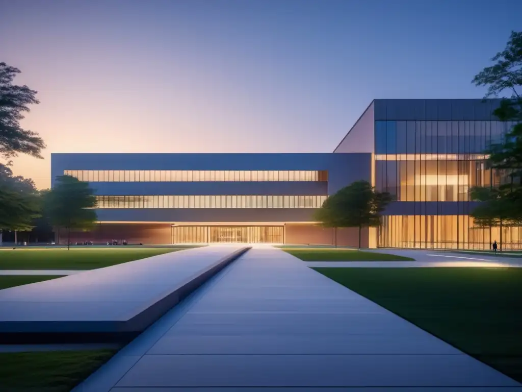 Universidad en atardecer, arquitectura moderna y privacidad Campus universitario al atardecer: Protección de datos personales en admisiones universitarias