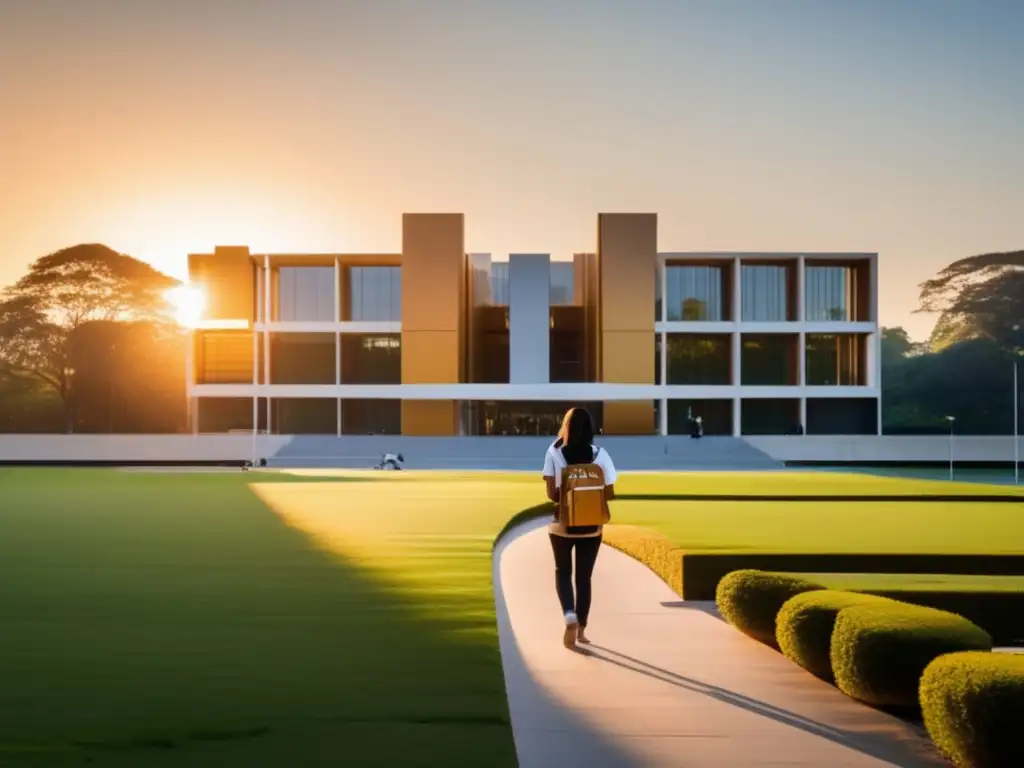 Universidad al atardecer: ambiente inspirador y vibrante Campus universitario al atardecer con edificios modernos, estudiantes y naturaleza