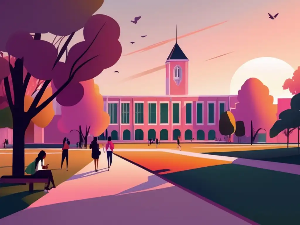 Campus universitario al atardecer Campus universitario al atardecer con edificios, árboles y estudiantes, destacando la importancia de la analítica en admisiones universitarias