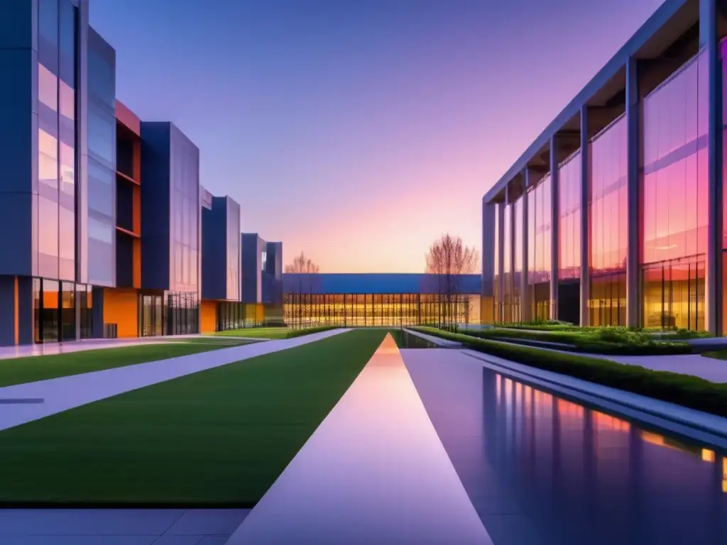 Campus universitario moderno al atardecer Campus universitario al atardecer con edificios modernos, naturaleza, y Proceso de admisiones universitarias legales