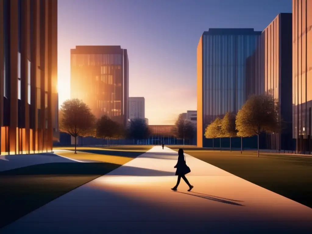 Universidad moderna, privacidad y seguridad Campus universitario al atardecer con estudiante caminando, edificios modernos iluminados y una barrera de privacidad transparente