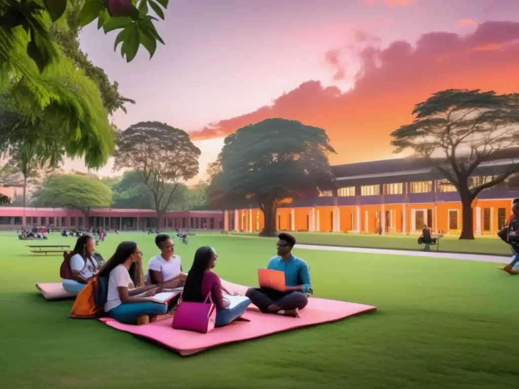 Campus universitario al atardecer Campus universitario al atardecer, estudiantes divers@s en discusión, naturaleza exuberante, símbolo de oportunidad y crecimiento