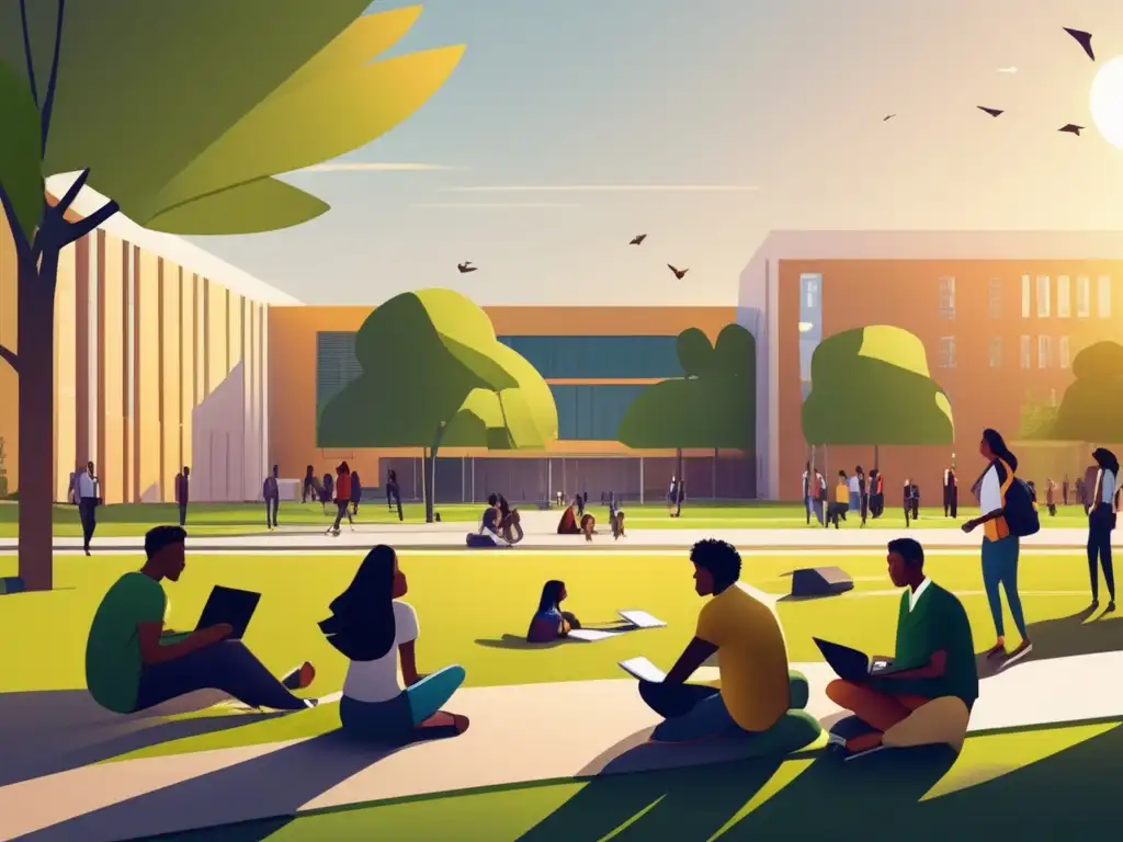 Campus universitario vibrante al atardecer Campus universitario al atardecer con estudiantes diversos y arquitectura moderna