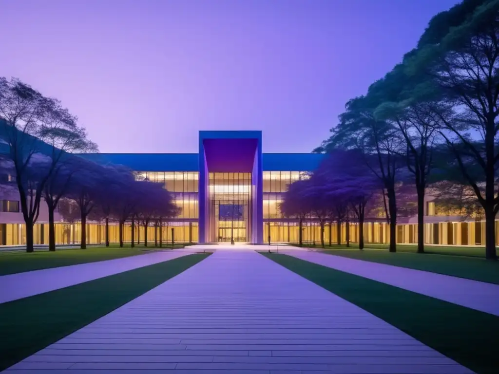 Universidad iluminada al anochecer Campus universitario al atardecer, con iluminación dorada y estudiantes integrando redes sociales en su experiencia universitaria