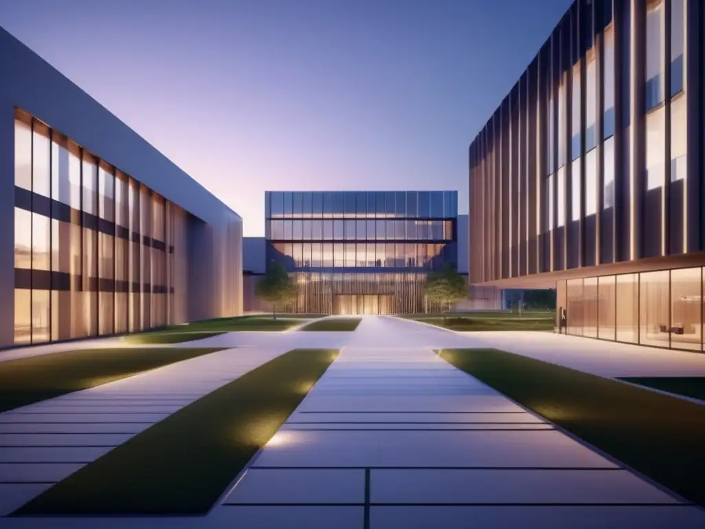 Arquitectura moderna en campus universitario Campus universitario al atardecer, iluminado con suaves luces cálidas