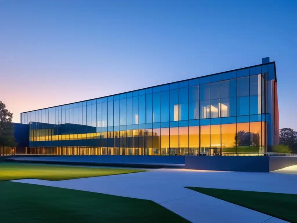 Un campus universitario moderno al atardecer Campus universitario al atardecer con luz dorada, edificio contemporáneo reflejando colores vibrantes del cielo