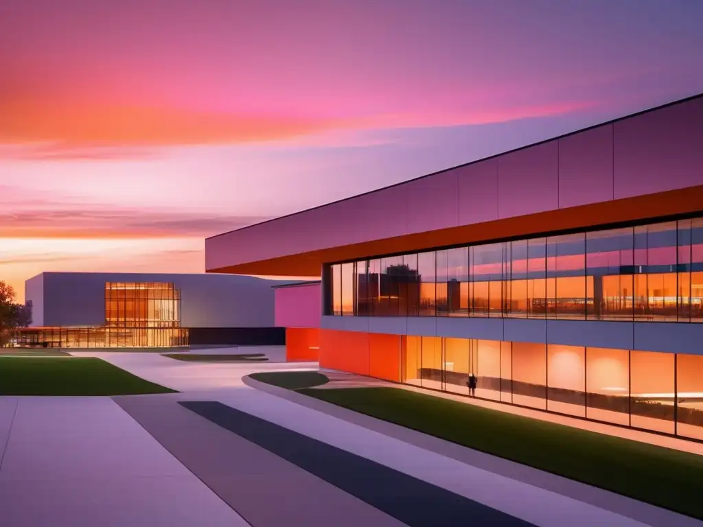 Universidad moderna al atardecer Campus universitario al atardecer: Proceso de admisiones universitarias exitosas