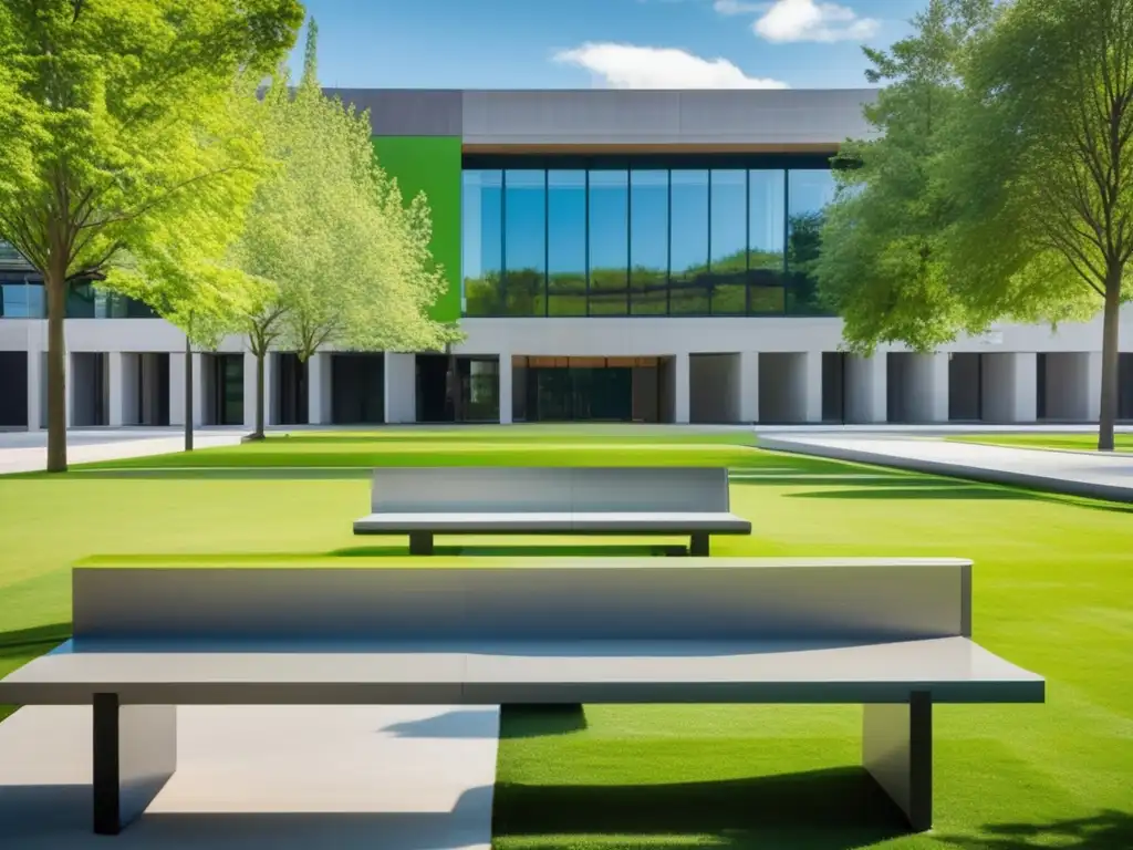 Campus universitario moderno y minimalista Campus universitario en día soleado: Proceso de admisiones universitarias completas
