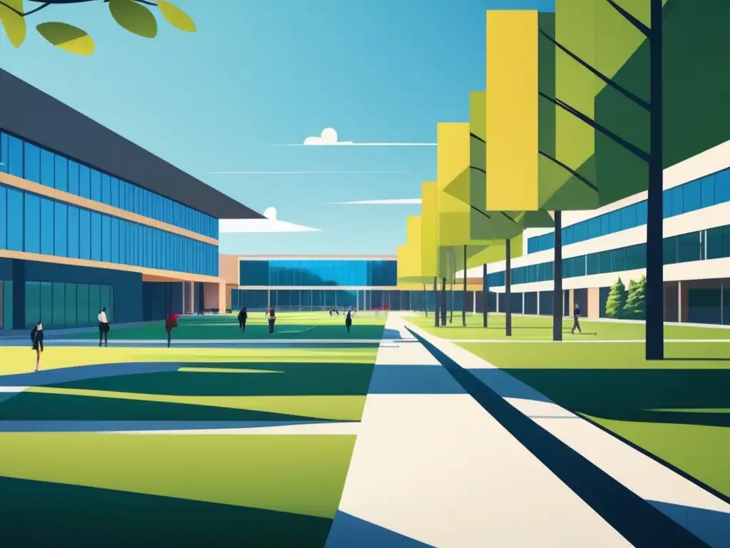 Campus universitario moderno y minimalista Campus universitario en día soleado, con árboles altos, edificios modernos y estudiantes activos