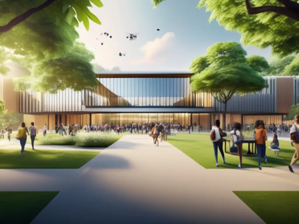Campus universitario moderno y tecnológico Campus universitario 8K con diseño arquitectónico contemporáneo, estudiantes diversos usando tecnología avanzada en educación - Impacto Revolución Industrial en admisiones universitarias