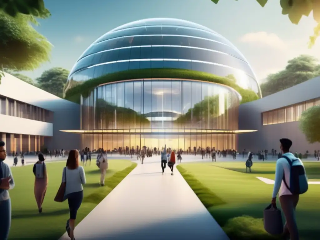 Campus universitario futurista con tecnología avanzada y naturaleza exuberante Campus universitario 8k con diseño arquitectónico futurista, tecnología avanzada y naturaleza exuberante