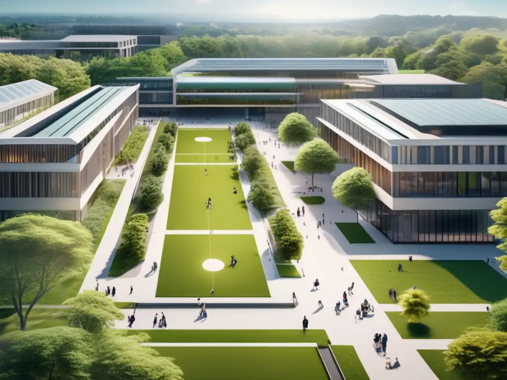 Campus universitario moderno y espacioso Campus universitario en 8k, con diseño arquitectónico moderno, rodeado de vegetación exuberante y estudiantes activos