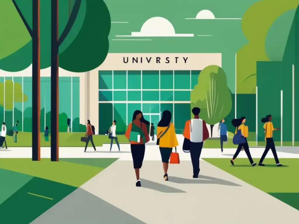 Universidad diversa: estudiantes caminando hacia un edificio moderno Campus universitario diverso y moderno