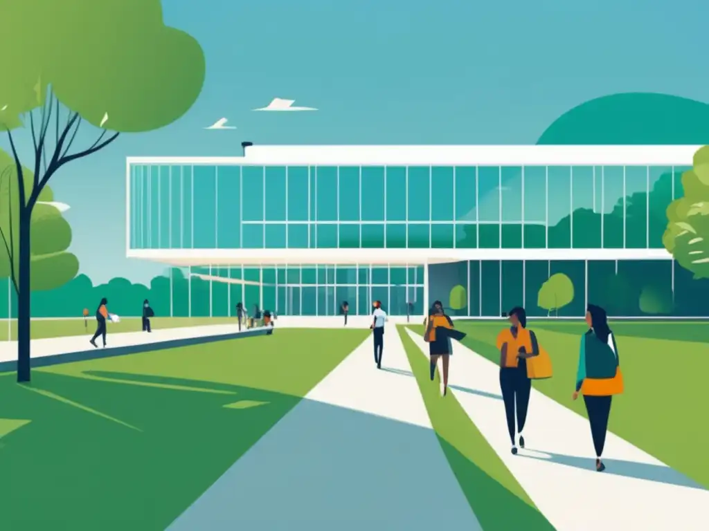 Universidad moderna rodeada de naturaleza Campus universitario con energía intelectual y vibrante: alternativas a exámenes universitarios