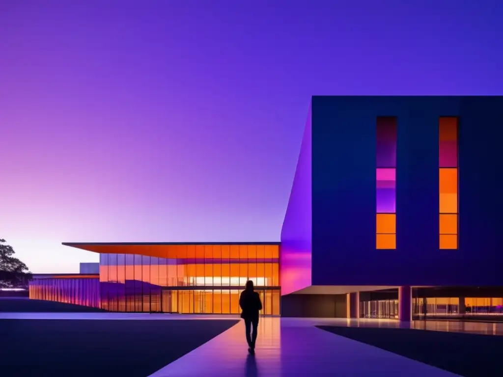 Campus universitario moderno al atardecer Campus universitario al anochecer con estudiante hacia edificio futurista