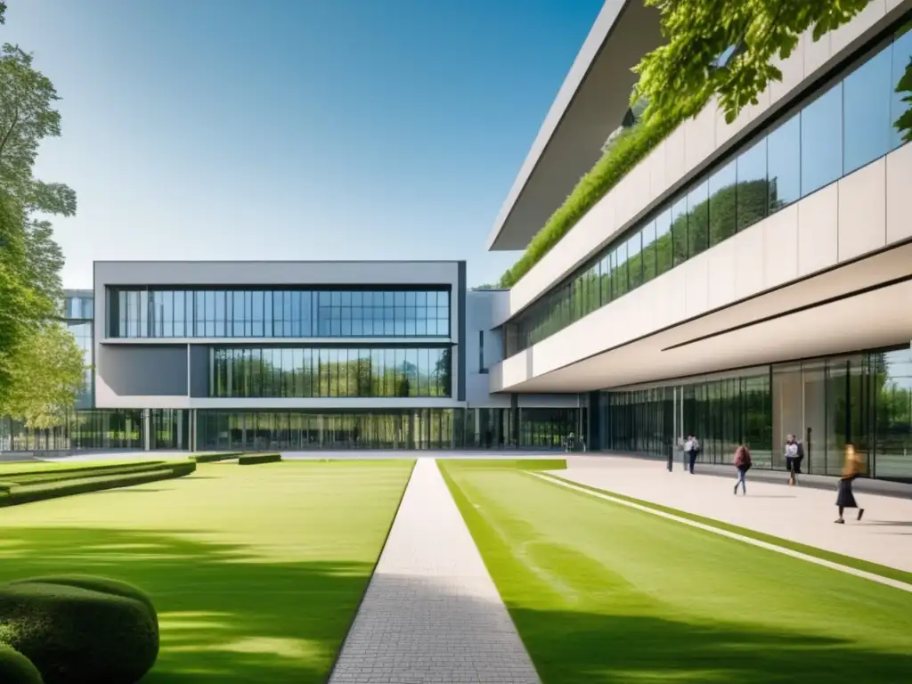 Campus universitario moderno en Europa Campus universitario europeo con arquitectura moderna y exuberante vegetación, transmitiendo excelencia académica y dinamismo