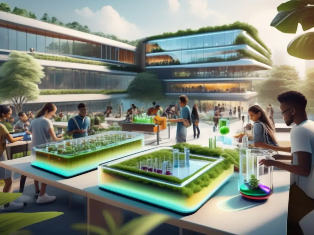 Campus universitario futurista con estudiantes STEM Campus universitario futurista con arquitectura moderna rodeado de vegetación y estudiantes diversos en actividades STEM