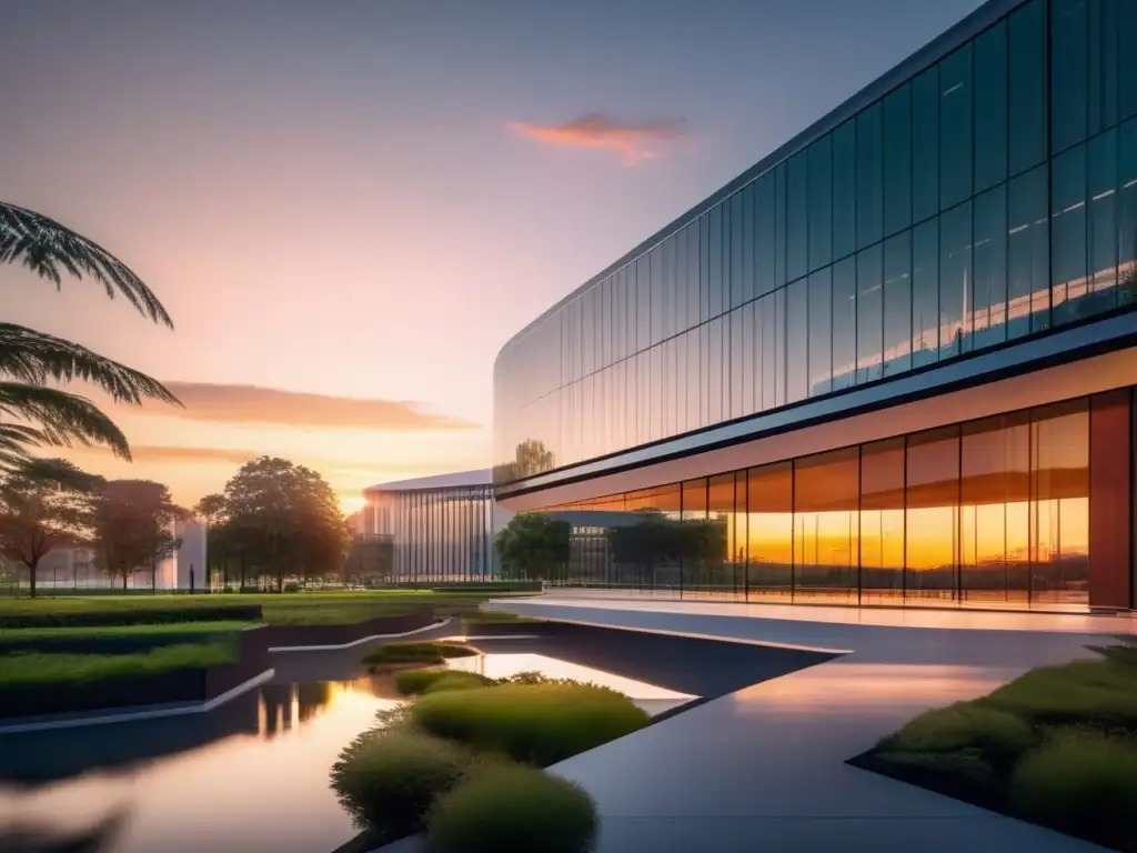 Campus universitario futurista al atardecer Un campus universitario futurista al atardecer, con arquitectura ultramoderna y naturaleza exuberante