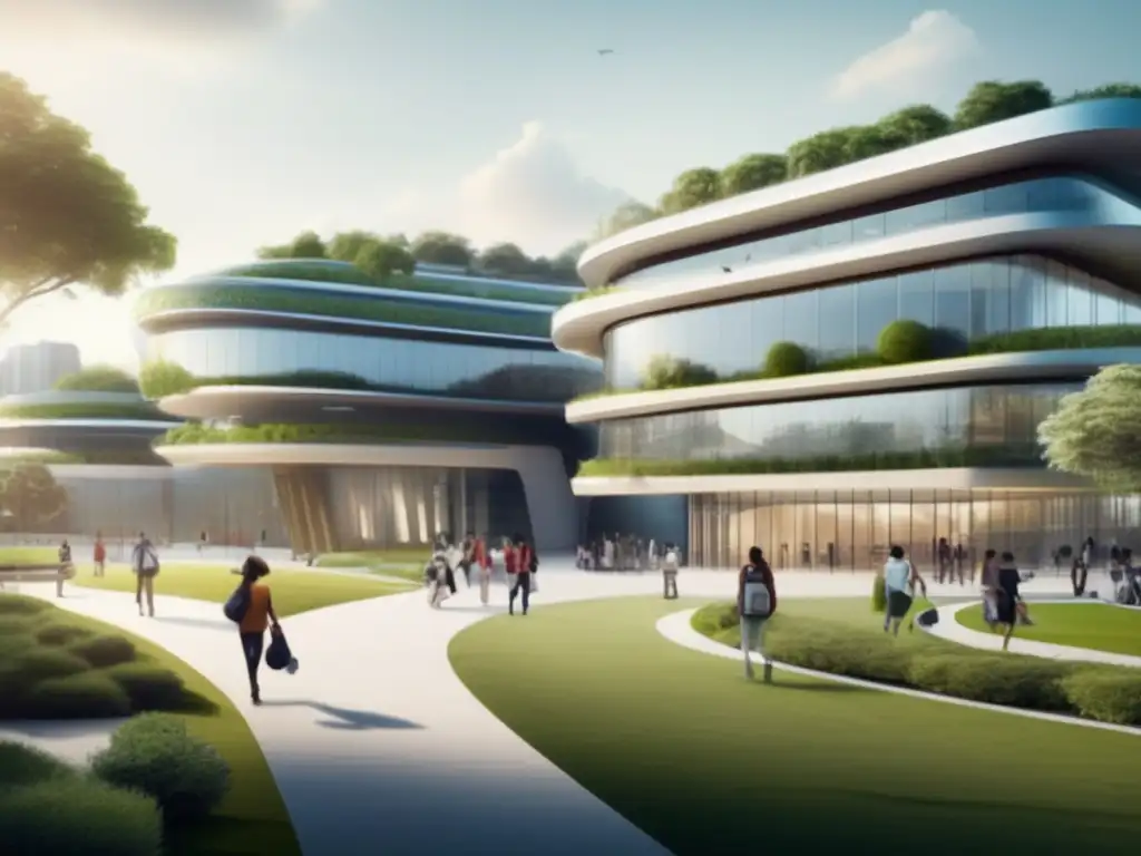 Universidad futurista con edificios modernos rodeados de vegetación Campus universitario futurista con edificios modernos, naturaleza exuberante y estudiantes activos