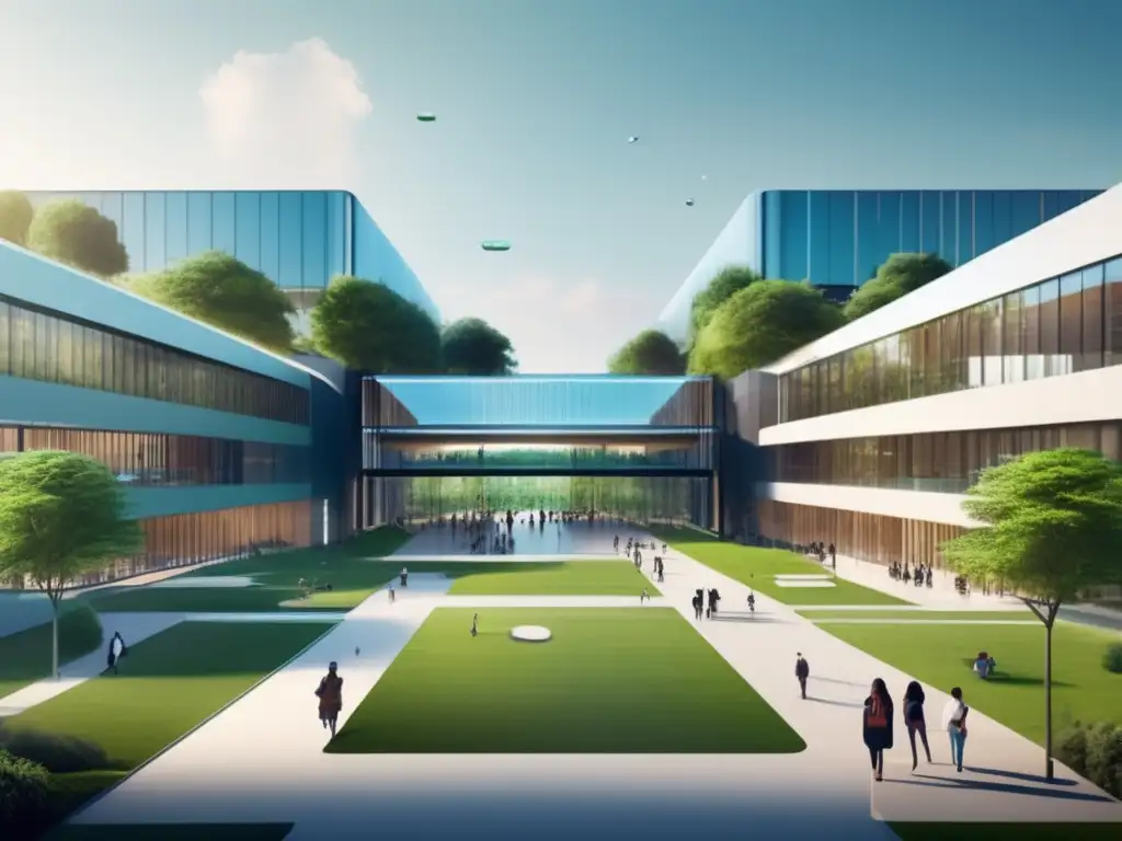 Universidad futurista con edificios de cristal y tecnología avanzada Campus universitario futurista con edificios de vidrio rodeados de vegetación