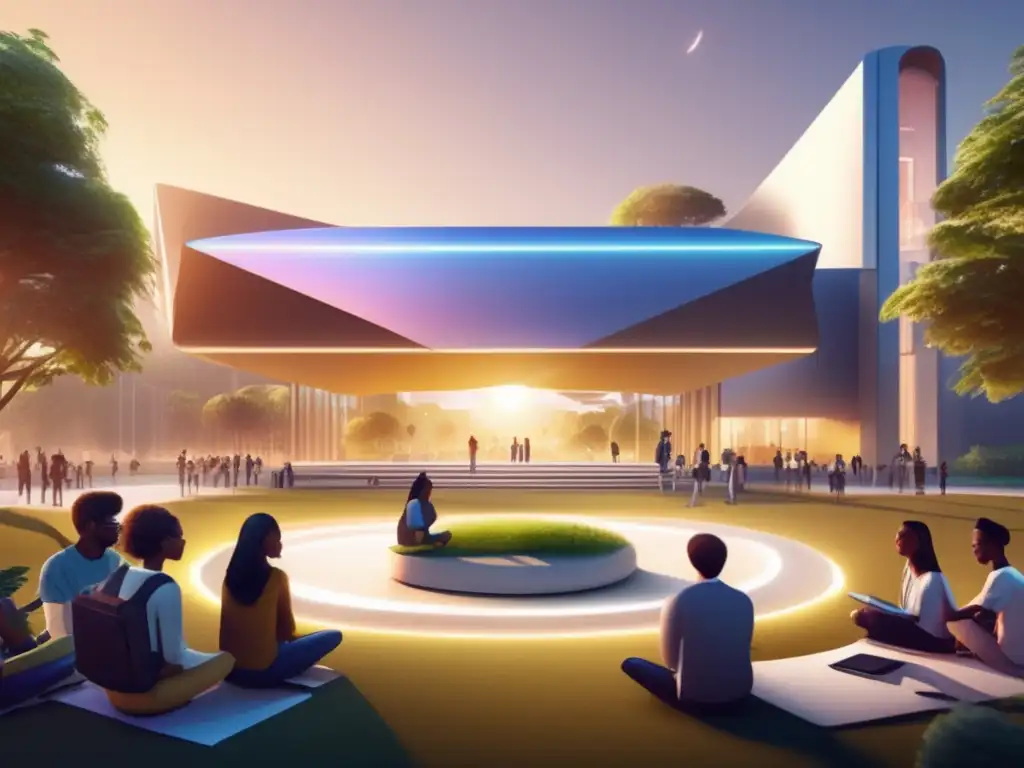 Futuro campus universitario tecnológico Campus universitario futurista con edificios minimalistas rodeados de vegetación