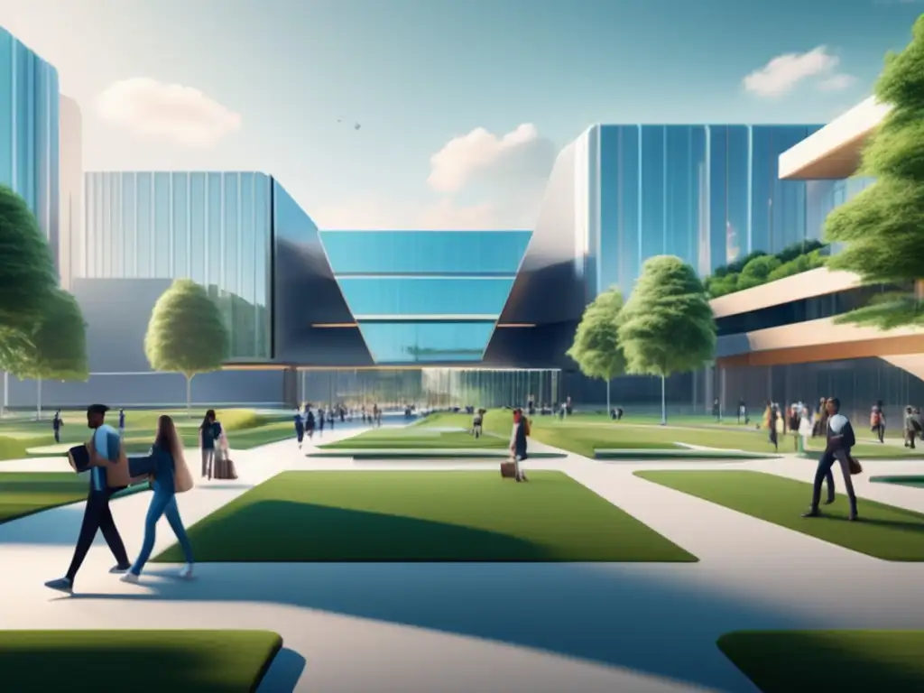 Futuro campus universitario con arquitectura moderna y paisajes verdes Un campus universitario futurista de estilo minimalista con arquitectura moderna rodeado de vegetación exuberante