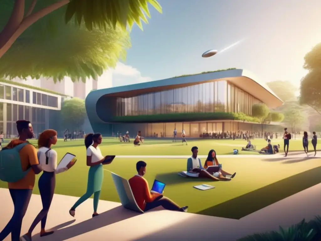 Universidad futurista con estudiantes utilizando AI en admisiones Campus universitario futurista con herramienta de IA para admisiones