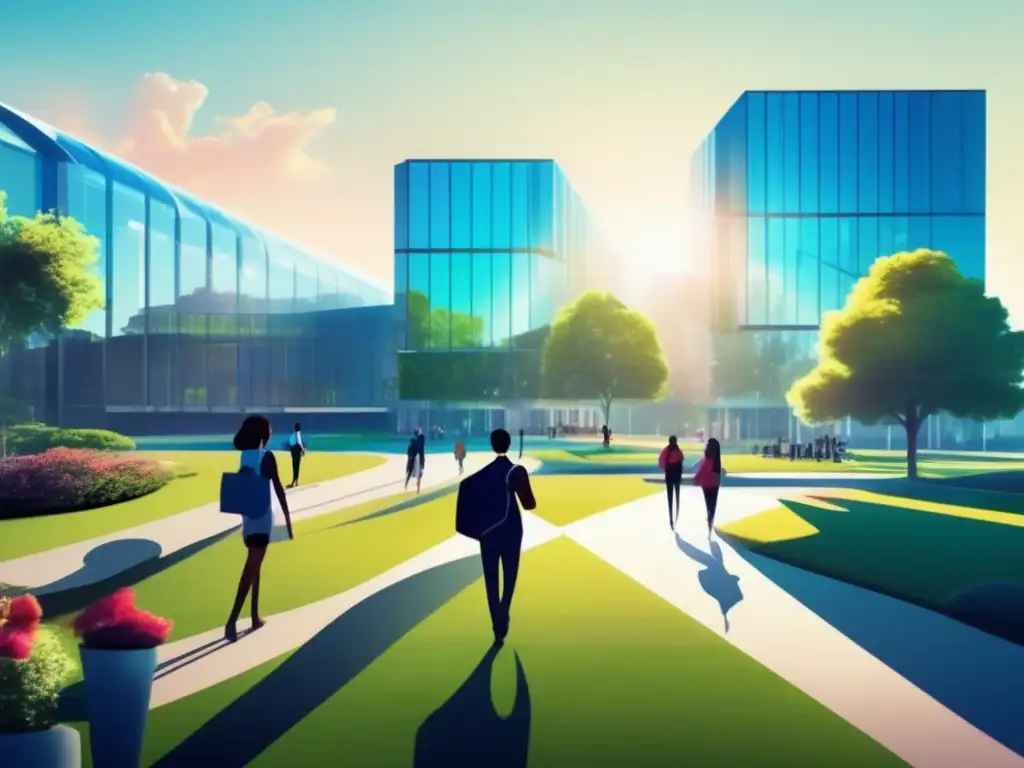 Universidad futurista con edificios de vidrio y tecnología Campus universitario futurista: Mejores estrategias IA admisiones universitarias