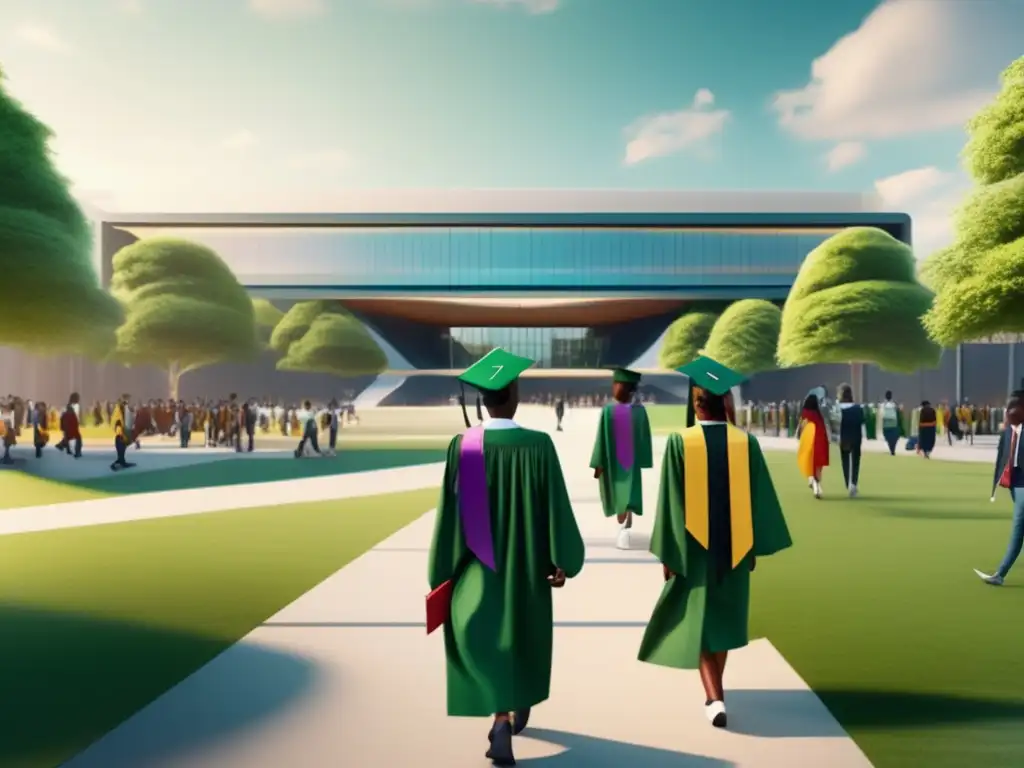 Universidad inclusiva y futurista Campus universitario futuro con arquitectura moderna y estudiantes diversos en toga