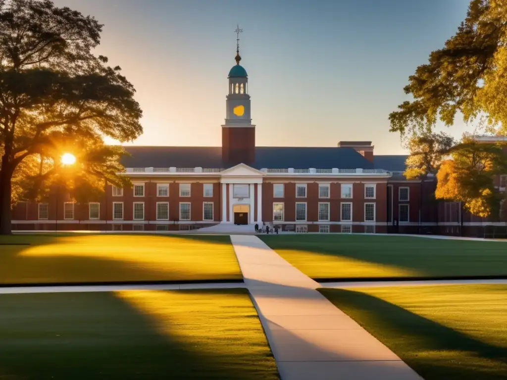 Campus universitario al atardecer Un campus universitario icónico de la Universidad Johns Hopkins al atardecer, transmitiendo transparencia en admisiones universitarias