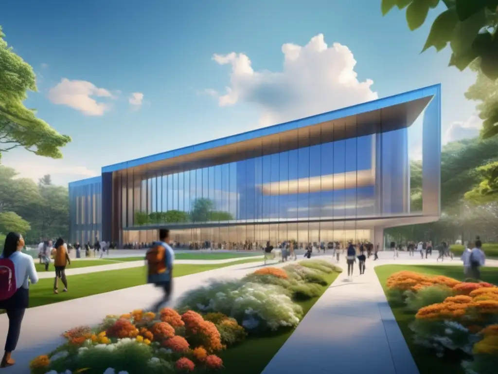Campus universitario moderno en Duke University Campus universitario minimalista y futurista en Duke, rodeado de vegetación exuberante y estudiantes debatiendo