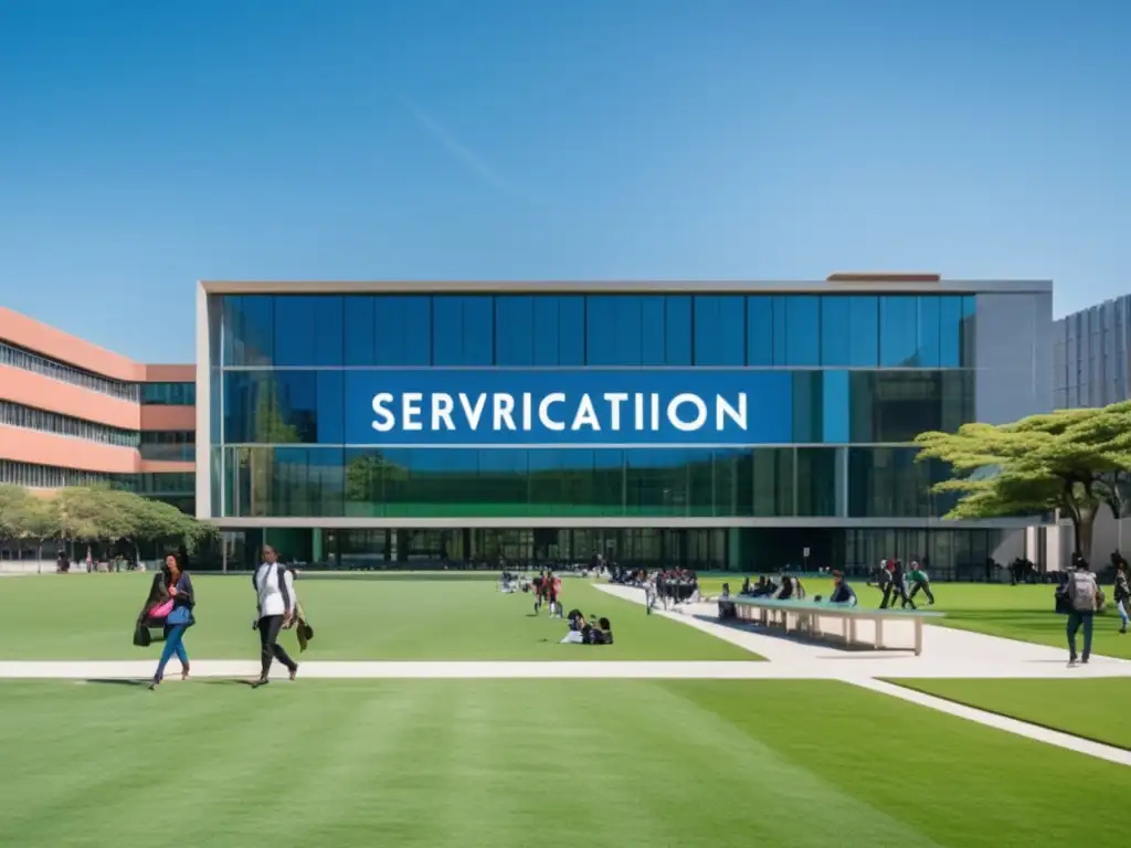 Campus universitario con servicios de orientación Un campus universitario minimalista y moderno con césped verde vibrante, edificios altos y amplios ventanales, y un cielo azul despejado