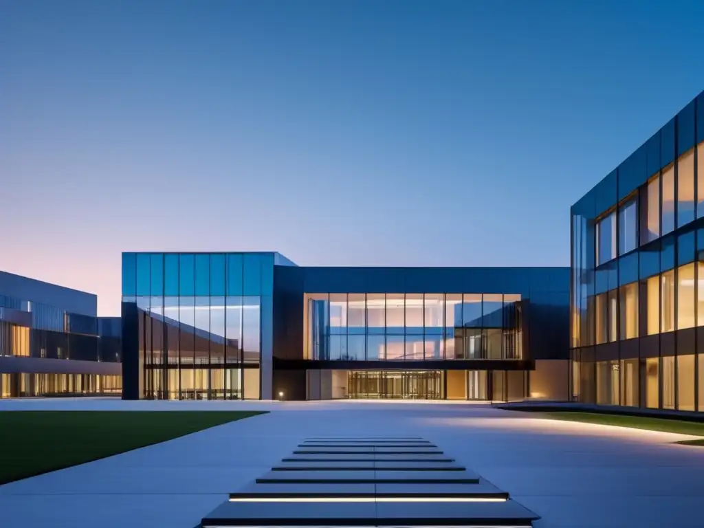 Universidad moderna al atardecer Campus universitario moderno con arquitectura de vidrio y acero, iluminado desde el interior