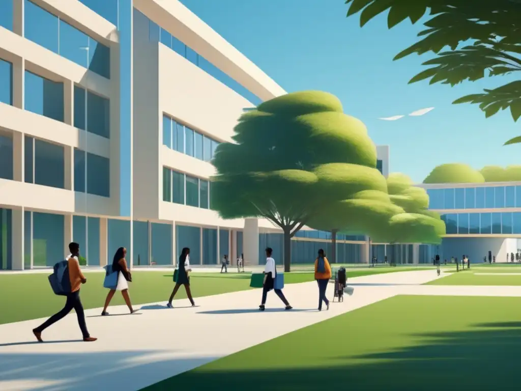 Campus universitario moderno y minimalista Campus universitario moderno con arquitectura contemporánea, estudiantes caminando