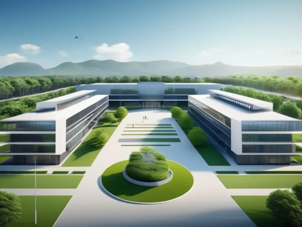 Campus universitario moderno rodeado de naturaleza Campus universitario moderno con arquitectura minimalista rodeado de vegetación exuberante y estudiantes diversas en actividades
