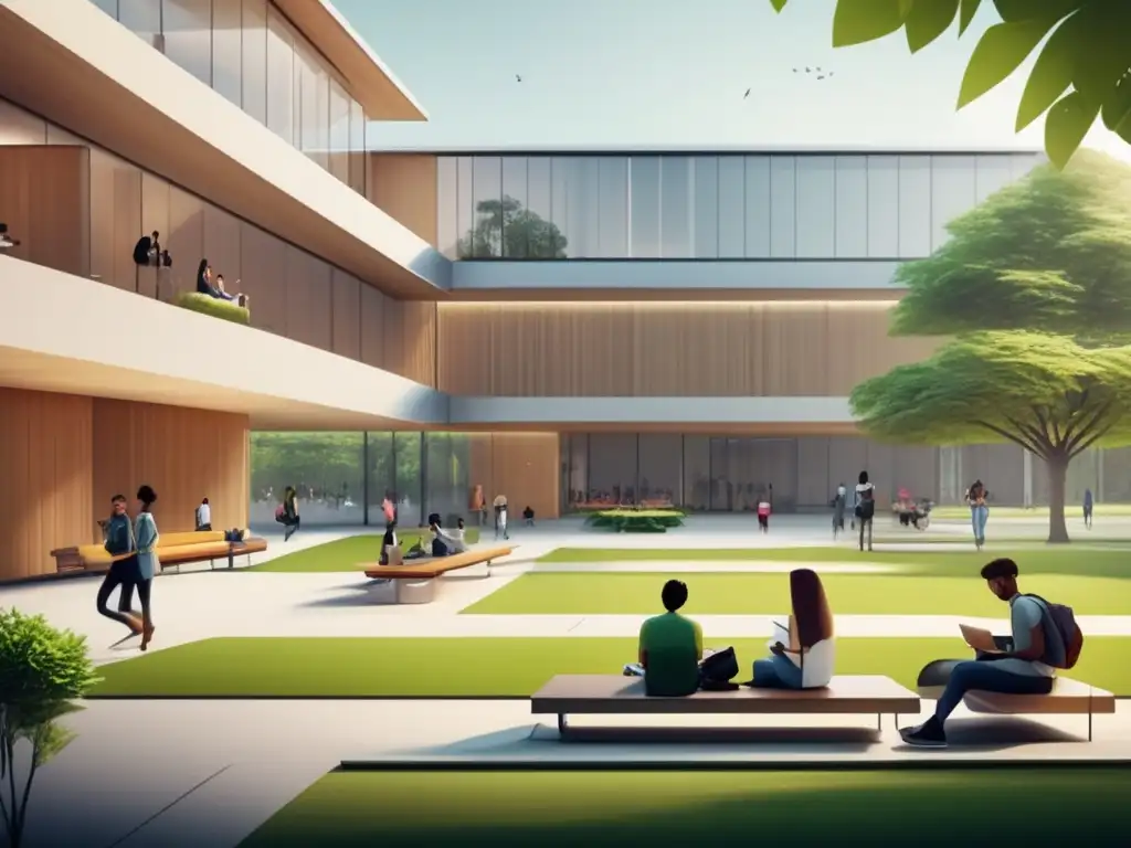 Campus universitario moderno y tranquilo Campus universitario moderno con arquitectura contemporánea rodeado de vegetación exuberante y estudiantes realizando diversas actividades