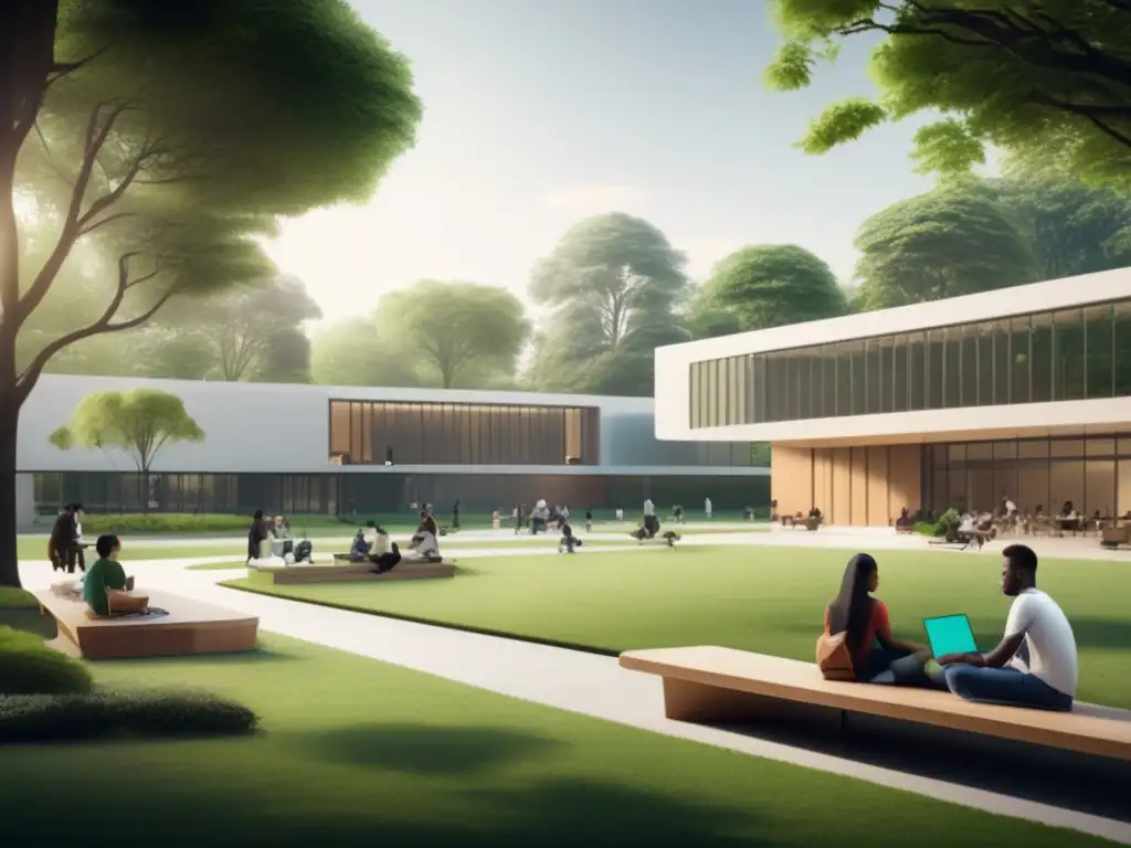 Campus universitario moderno y verde con estudiantes colaborando Campus universitario moderno con arquitectura minimalista y naturaleza exuberante