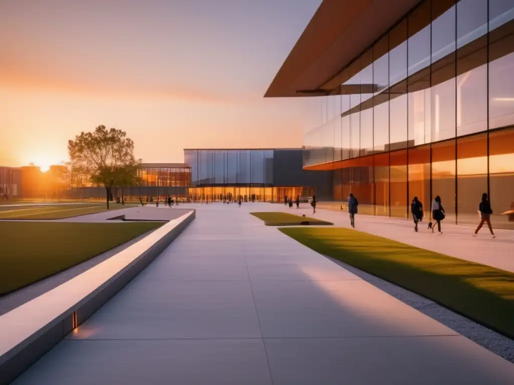 Campus universitario moderno al atardecer Campus universitario moderno con arquitectura de vidrio reflejando la puesta de sol, estudiantes caminando