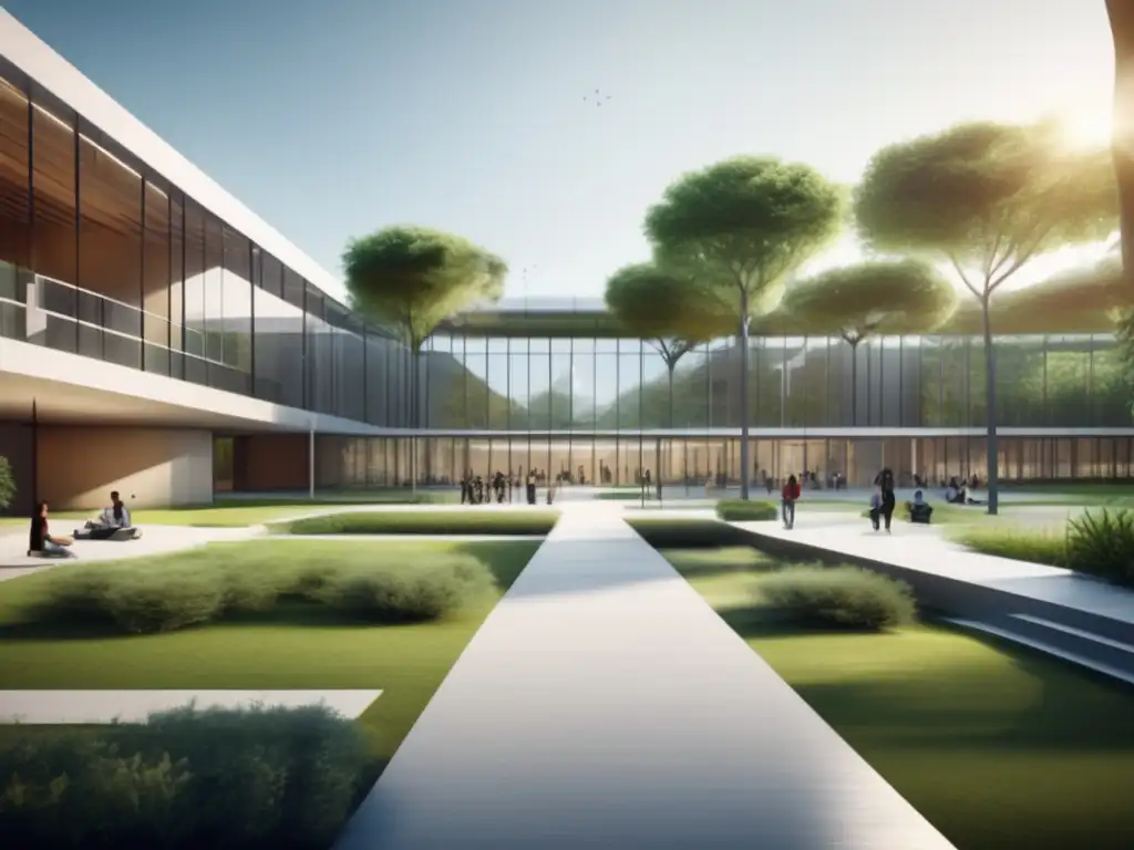 Campus universitario moderno y minimalista Campus universitario moderno con arquitectura elegante y líneas limpias - Estrategias innovadoras de admisiones universitarias