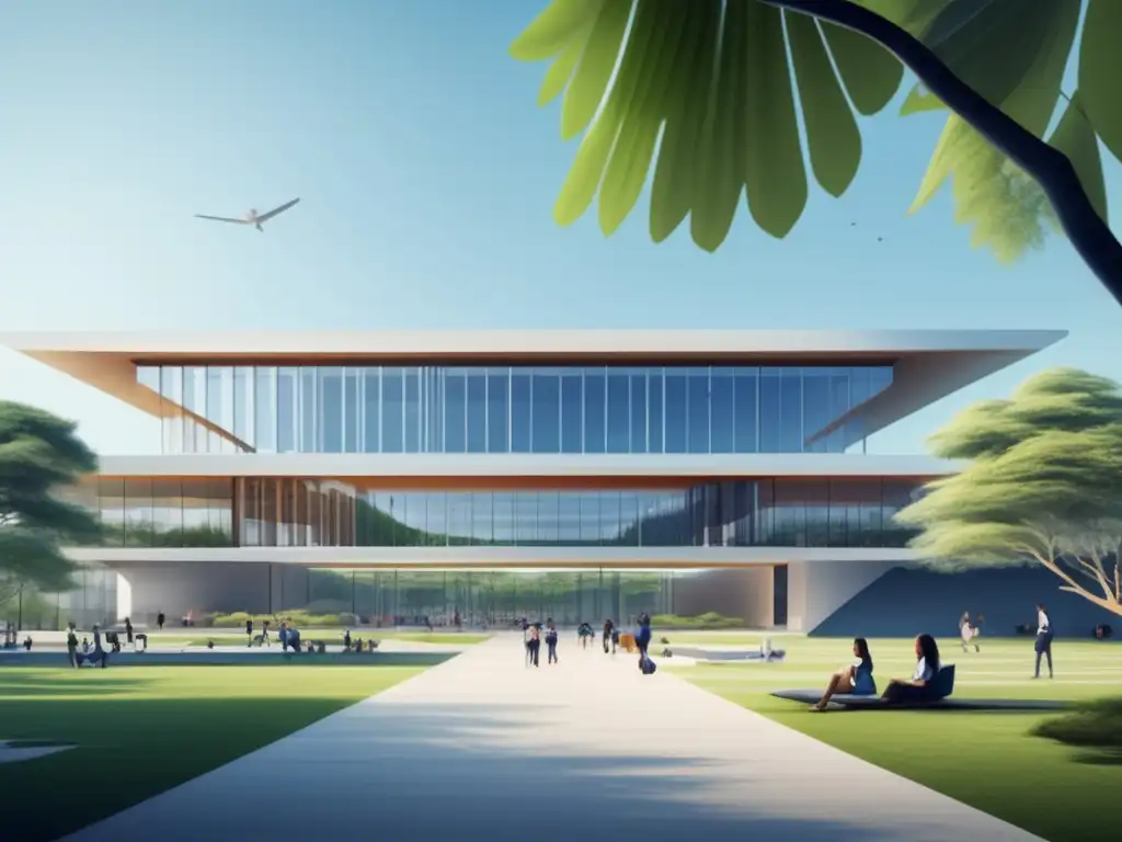 Campus universitario moderno y minimalista con arquitectura contemporánea Campus universitario moderno con arquitectura contemporánea rodeado de naturaleza y cielo azul