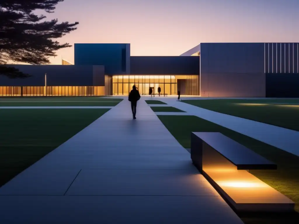 Campus universitario moderno al anochecer Campus universitario moderno al atardecer, con iluminación cálida y arquitectura contemporánea