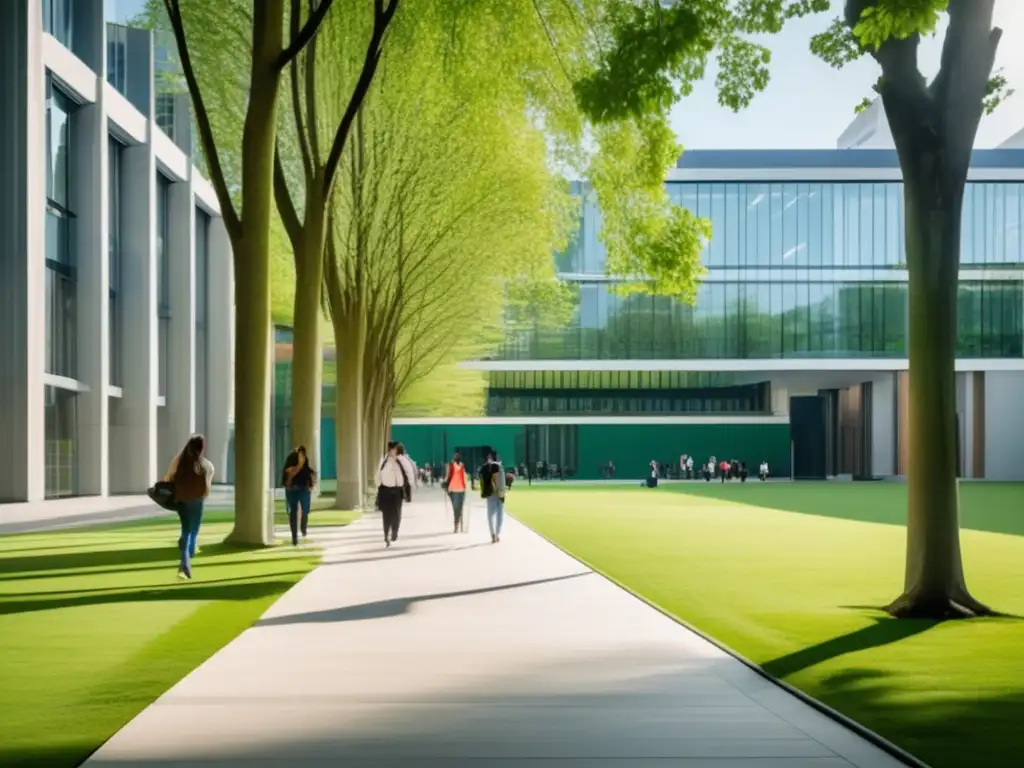 Campus universitario moderno y vibrante Campus universitario moderno con césped verde, árboles altos y edificio de vidrio
