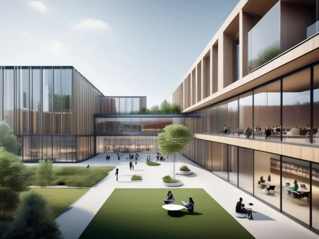 Campus universitario moderno y vibrante en Europa Campus universitario moderno en una ciudad europea, con arquitectura contemporánea y estudiantes en actividades académicas