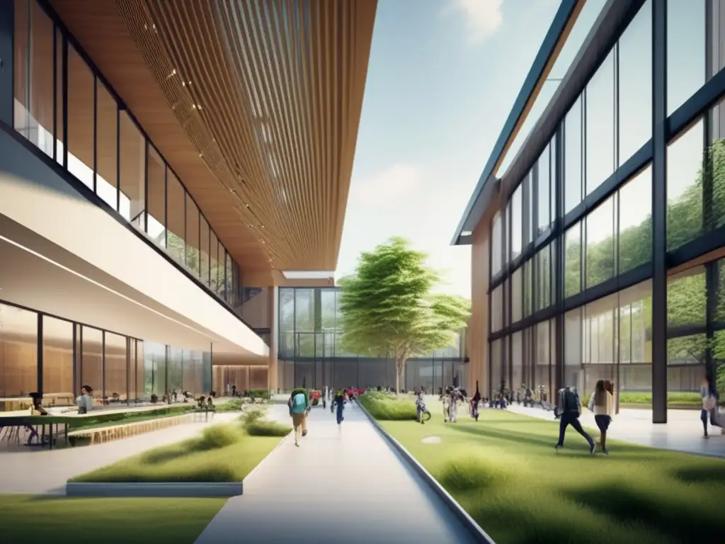 Campus universitario moderno, naturaleza y tecnología Campus universitario moderno con diseño arquitectónico y entorno verde - Estrategias para admisiones universitarias exitosas