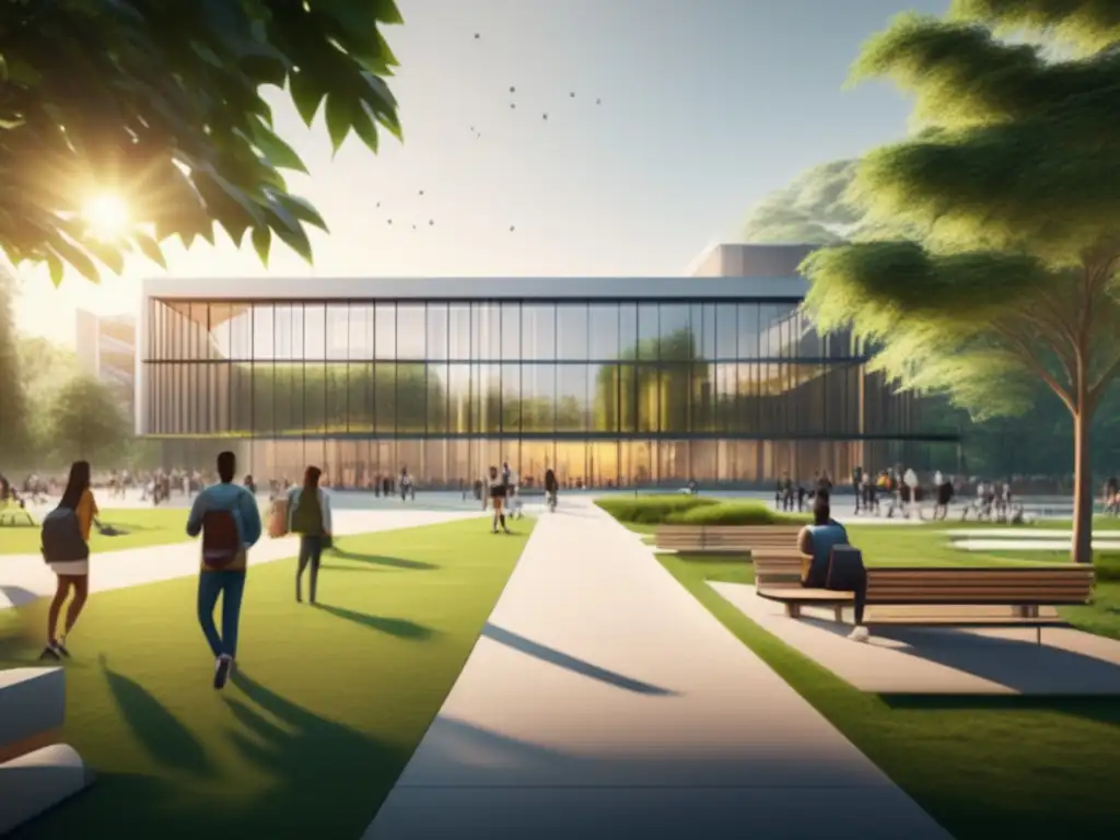 Campus universitario moderno con edificio de vidrio y naturaleza Campus universitario moderno con edificio de cristal rodeado de vegetación y actividad estudiantil